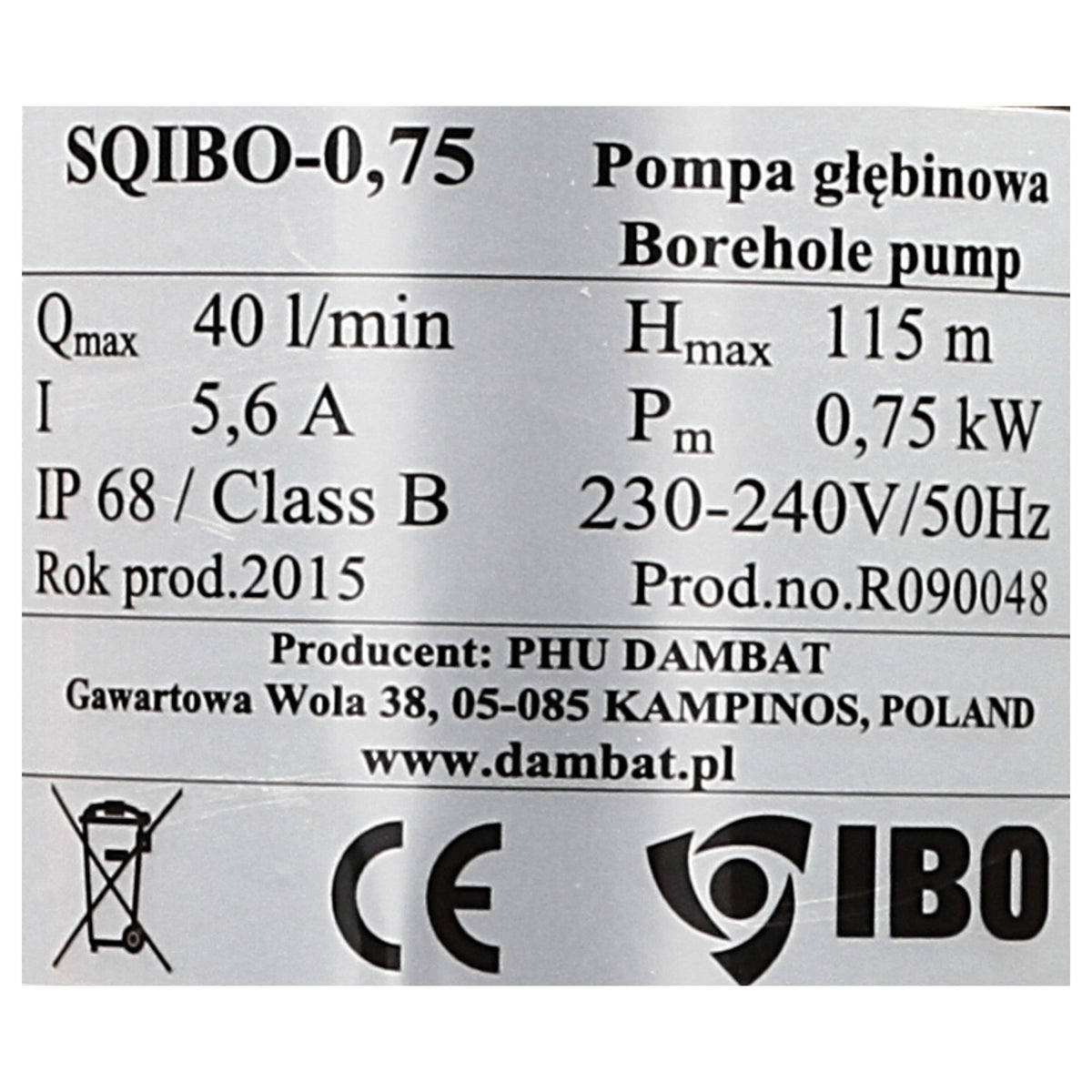 POMPA GŁĘBINOWA ŚRUBOWA 3" IBO SQIBO 0,75 750W 2400L/H KABEL 15M DO STUDNI