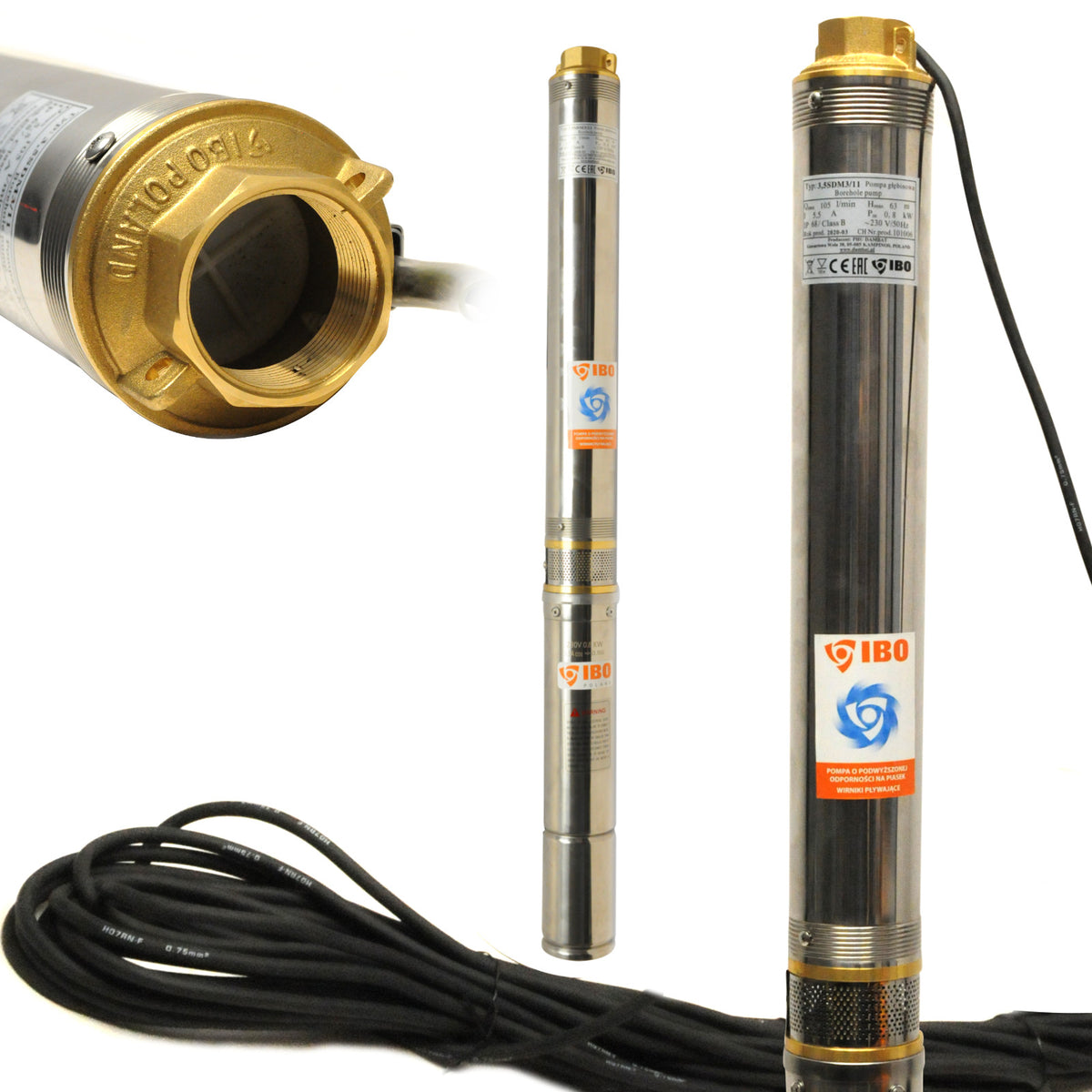 POMPA GŁĘBINOWA ANTYPIASKOWA IBO 3,5" SDM3/11 800W 105 l/min KABEL 20M