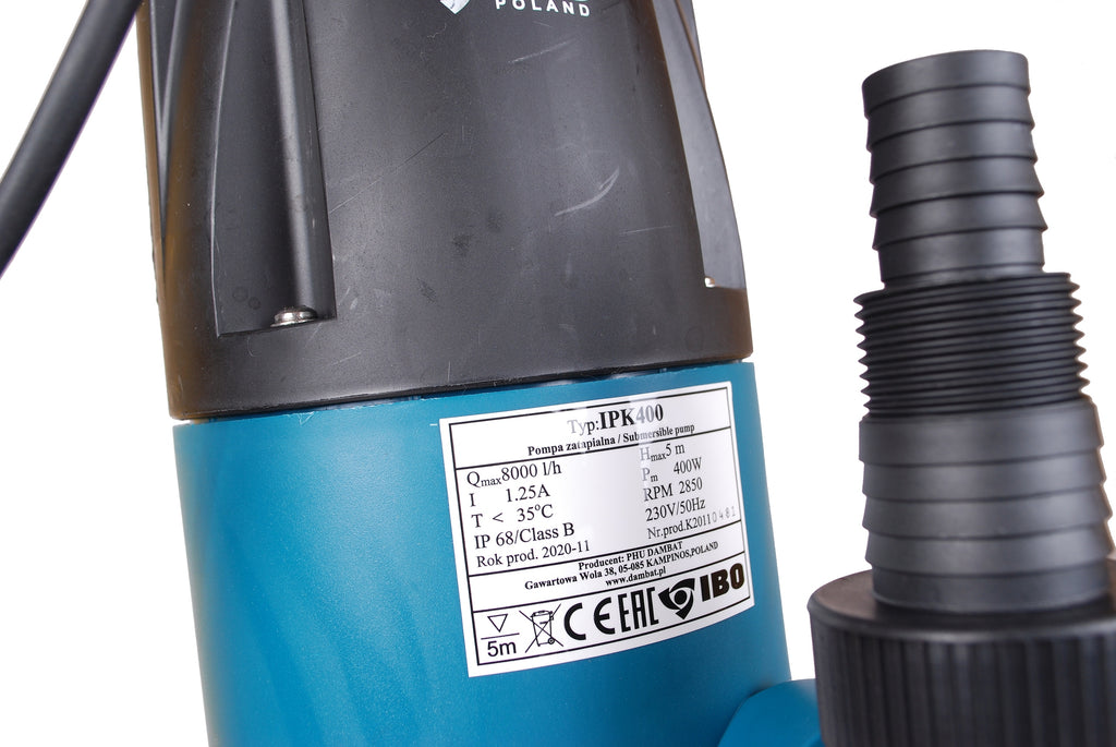 POMPA ZATAPIALNA DO WODY BRUDNEJ Z PŁYWAKIEM IBO IPK 400 W 125 L/MIN 230V