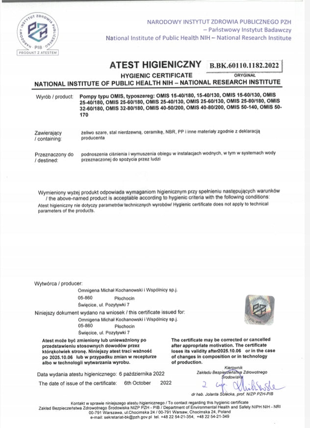 Omnigena pompa obiegowa do wody pitnej Omis 25-40/180
