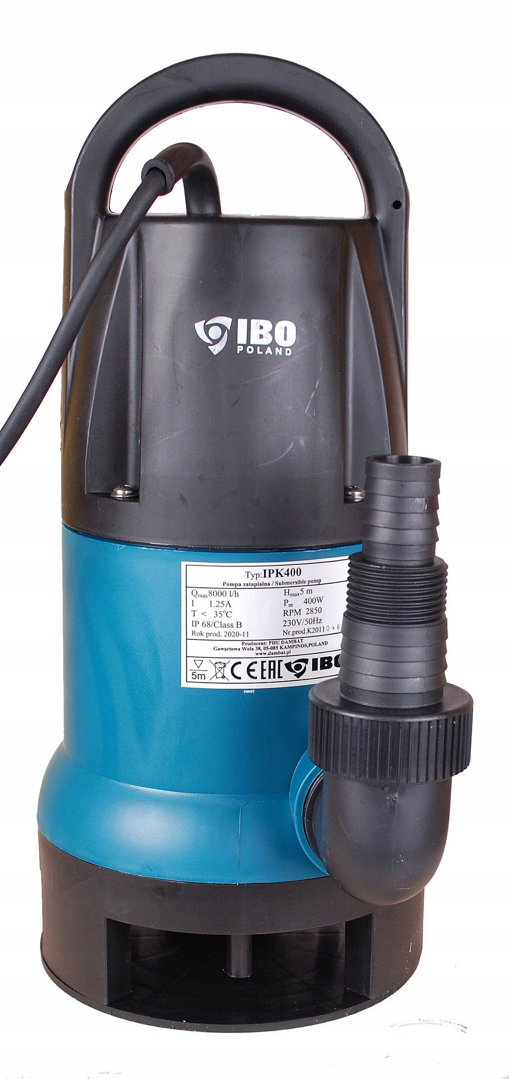 POMPA ZATAPIALNA DO WODY BRUDNEJ Z PŁYWAKIEM IBO IPK 400 W 125 L/MIN 230V