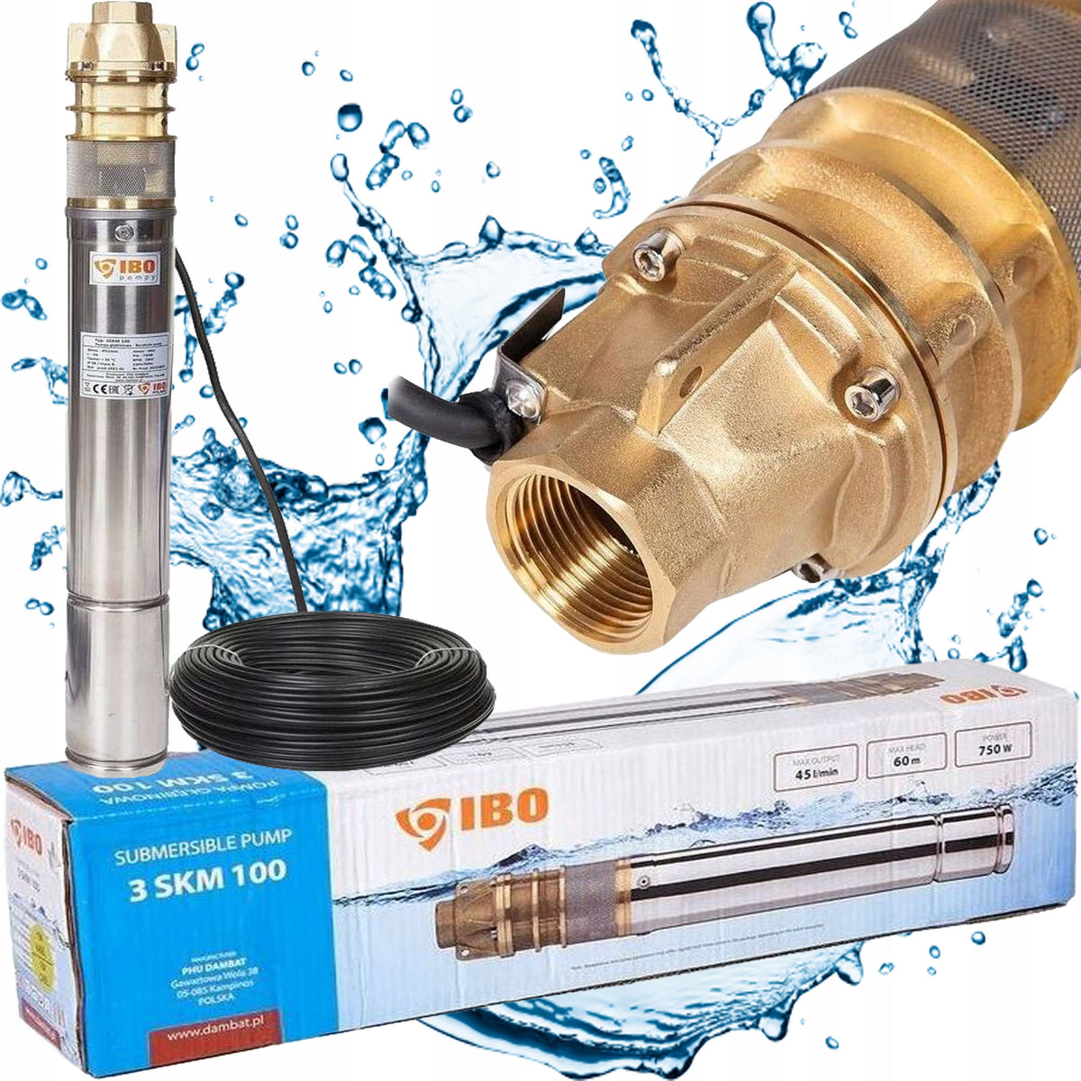 POMPA GŁĘBINOWA 3" IBO SKM 100 750W 230V KABEL 20M DO STUDNI OCZKA BASENU