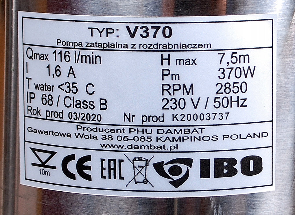 POMPA ZATAPIALNA Z ROZDRABNIACZEM I PŁYWAKIEM DO ŚCIEKÓW SZAMBA IBO V 370