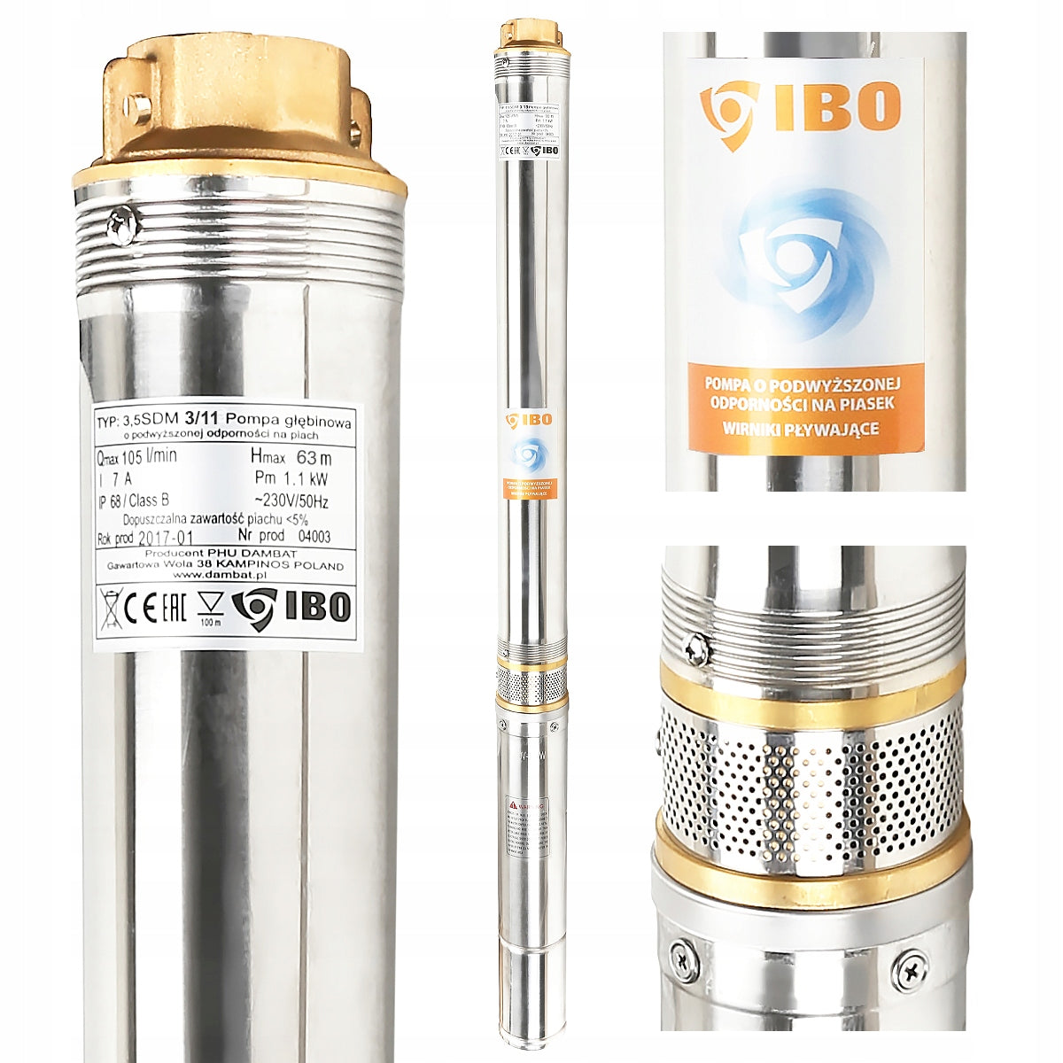 POMPA GŁĘBINOWA ANTYPIASKOWA IBO 3,5" SDM3/11 800W 105 l/min KABEL 20M