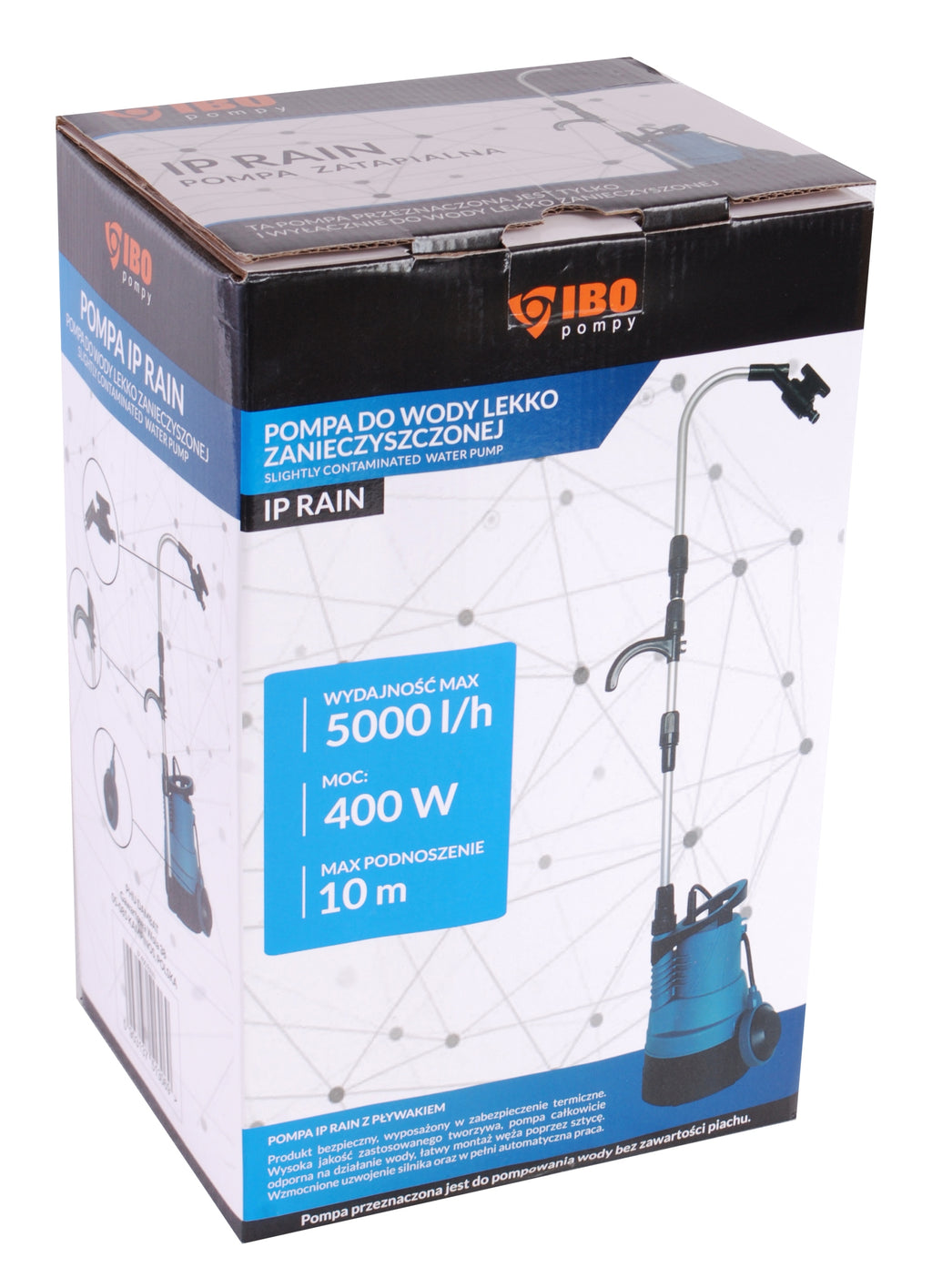 POMPA ZATAPIALNA NA WODĘ DO ZBIORNIKÓW BECZKI IBO IP 400 RAIN 400W 83 l/min