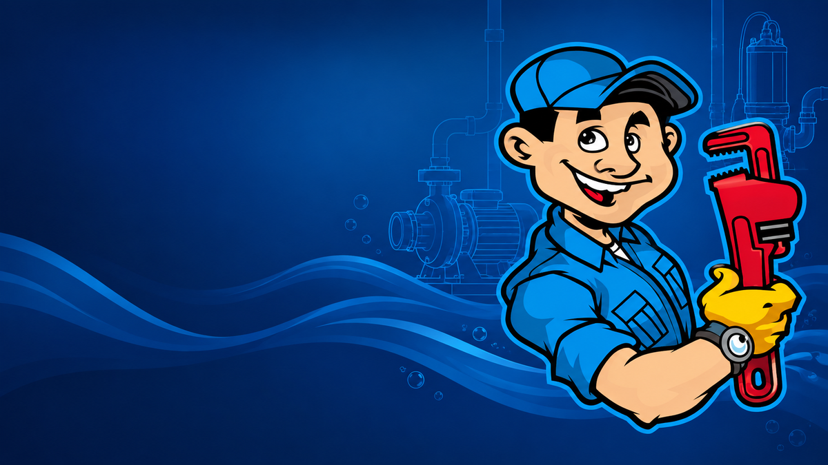 Serwisant z kluczem na tle instalacji wodnej i pompy